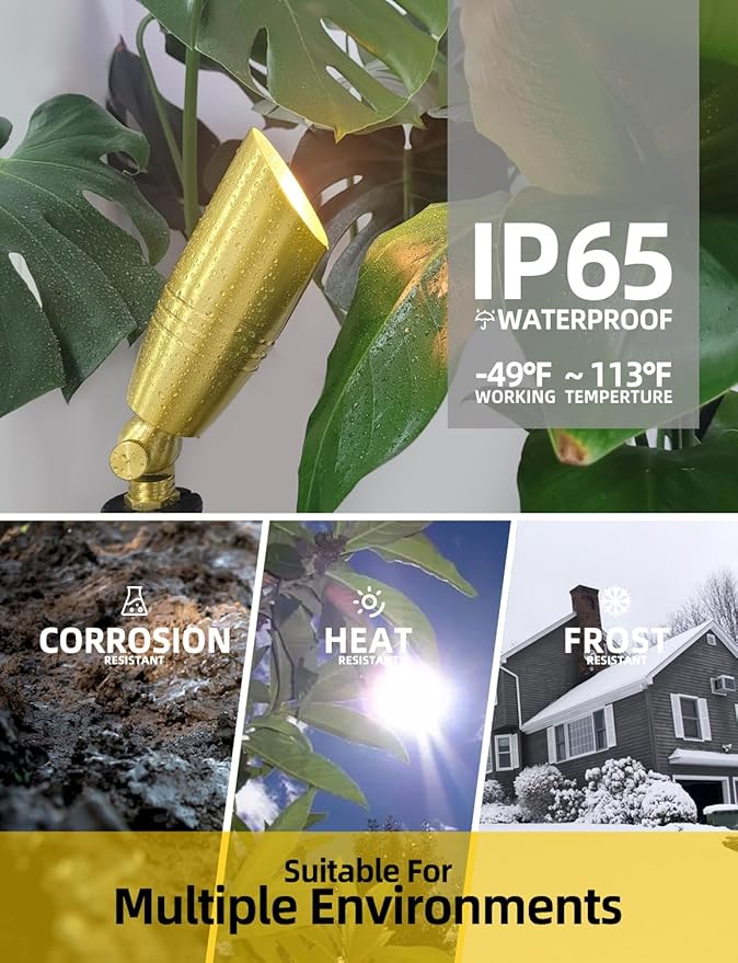 COLOER Die-cast Brass Landscape Spotlight 10-Pack Without Bulb,12V AC/DC Low Voltage Copper Outdoor Lighting with Ground Stake, Directional Garden Patio Spot Up Light (102B Brass Finish)