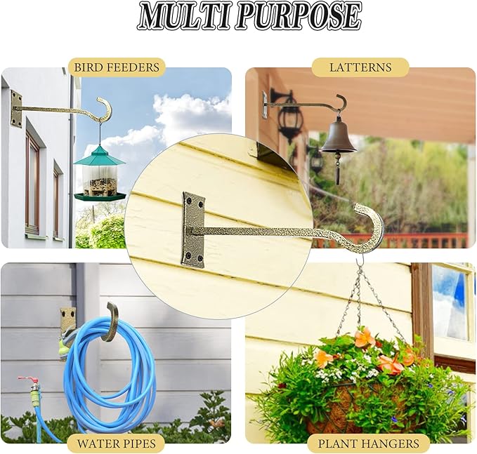 10 inch Heavy Duty Hanging Plant Bracket Decorative Wall Hook 2 Pack (Gold Hammertone)