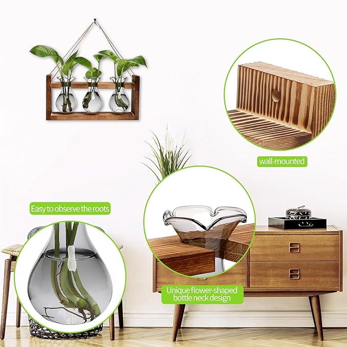 Plant Propagation Station Plant Terrarium Unique Birthday Gifts for Women Plant Lovers Home Office Decor Planter with Wooden Stand - 3 Bulb Glass Vase