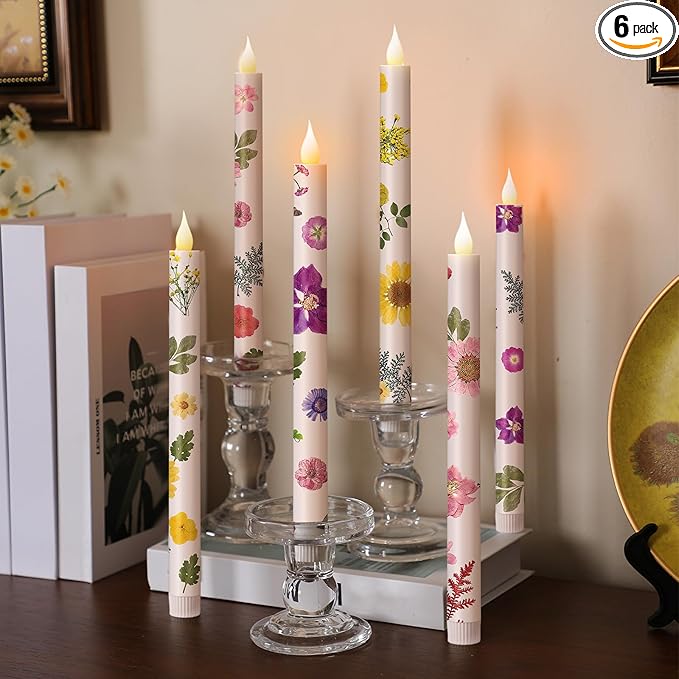 Nuanchu 6 Pcs Floral Taper Candles 10.6 Inch Pastel Flameless Candle Battery Operated Dried Flower Candlestick LED Pressed Floral Candlestick for Summer Home Wedding Dining Garden Party Decoration