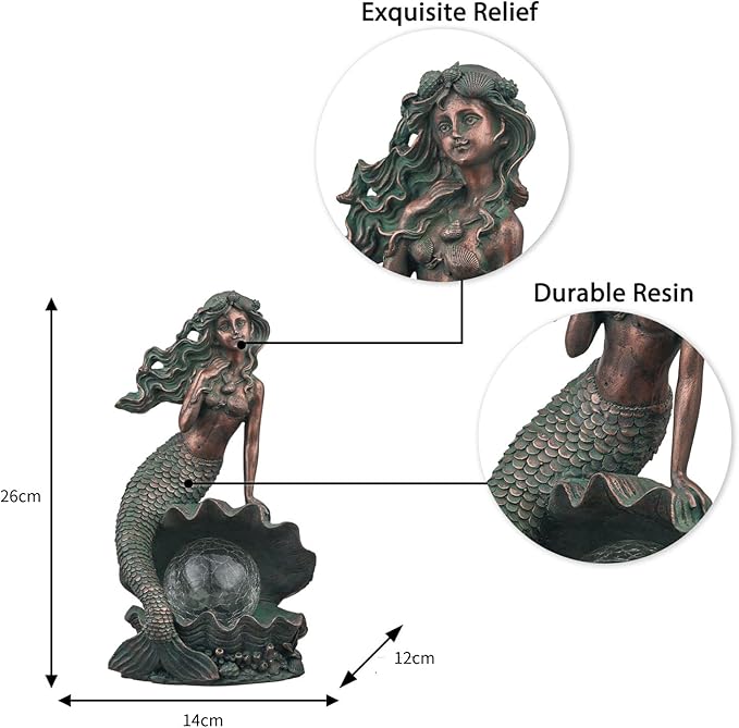 TERESA'S COLLECTIONS Mermaid Garden Statues with Solar Outdoor Lights for Outdoor Decor, Bronze Patina Fairy Sculptures & Statues Christmas Decorations, Garden Decor Gifts for Mom Yard Decor, 13"