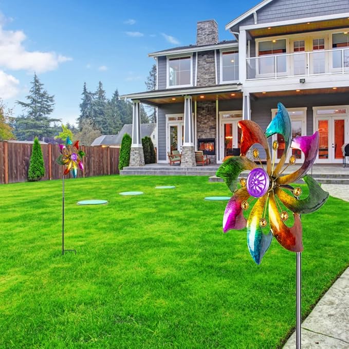 DREAMYSOUL 2 Packs Outdoor Metal Wind Spinner, Colorful Pinwheels for Yard and Garden, Kinetic Rainbow Spinner Wind Sculpture Garden Decor