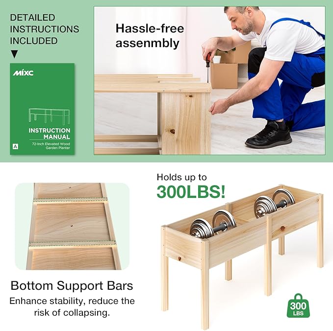 MIXC Wooden Raised Garden Bed with Legs, 72”L X 23”W, Elevated Reinforced Large Planter Box for Vegetable Flower Herb Outdoors