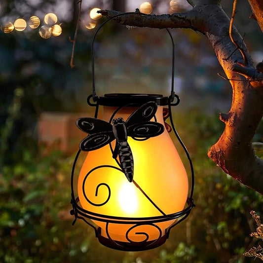 Solar Lanterns, Hanging Outdoor Lantern with Dragonflies LED Flickering Flameless Candles, Solar Lanterns Outdoor Waterproof for Table Party Decorative Yard Pathway (Dragonflies)