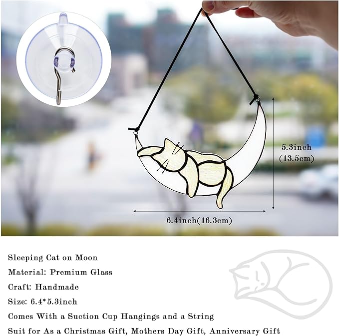 HDCRYSTALGIFTS Orange Cat On Moon Stained Glass Window Hangings,Tabby Cat Decoration suncatcher Hanging Ornament Gift for Mom,Cat Memorial Gifts for Cat Lovers, Pet Loss Sympathy Gift