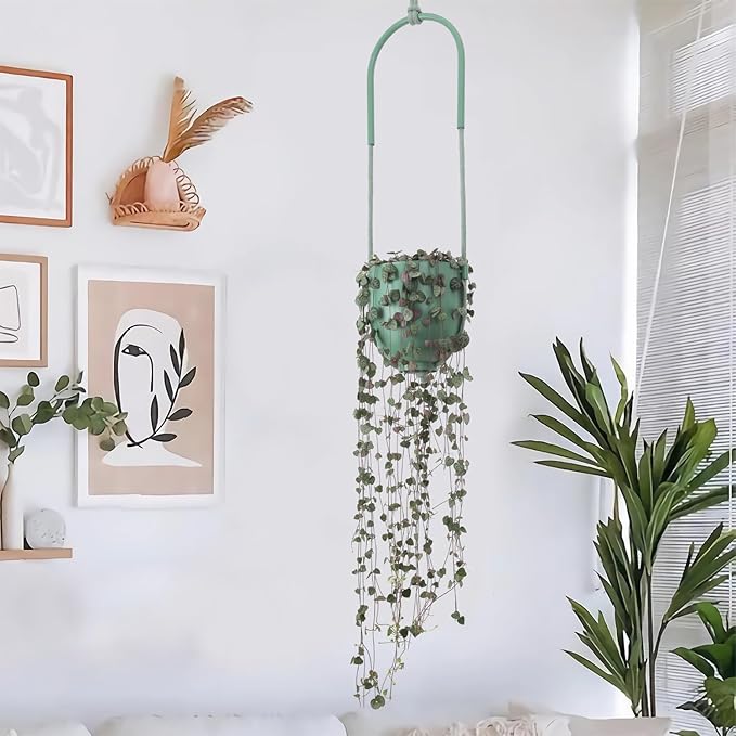 Metal Hanging Planter for Indoor Outdoor Plants Modern Wall and Ceiling Hanging Plant Holder Boho Flower Pot Hanger for Vines Succulents Ferns Room Decor(Green)