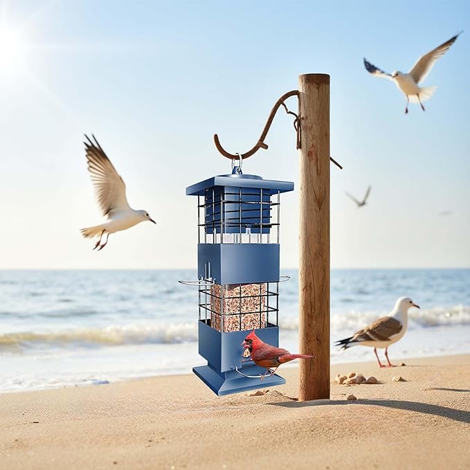 Bird Feeder 3LBS Metal Anti-Squirrel Wild Birdseed Feeder for Finch Cardinal Blue Jay Outdoors Hanging (Blue)