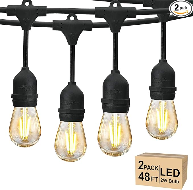 Svater 96 FT Outdoor String Lights 2W, Patio Light for Outside with 32 Antique S14 Plastic LED Bulbs, IP65 Waterproof Hanging Cafe Market Lighting, ETL-Listed Dimmable Warm White 2700K (48 FT x 2)