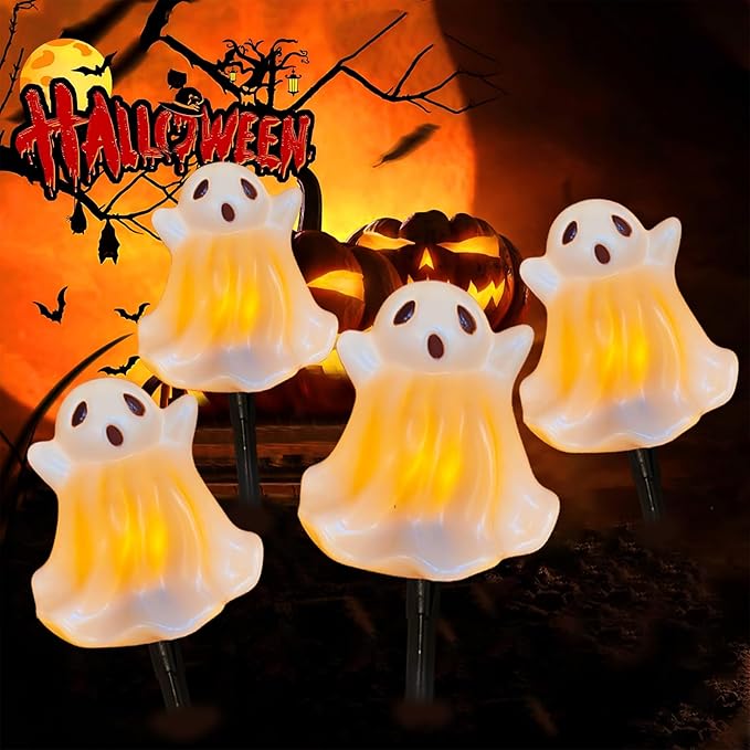 Halloween Ghosts Pathway Marker Lights, 7Ft C7 LED Outdoor Halloween Decorations String Lights Waterproof with 4 White Ghost Walkway Lights Plug in for Outdoor Halloween Party Garden Patio Garden Lawn