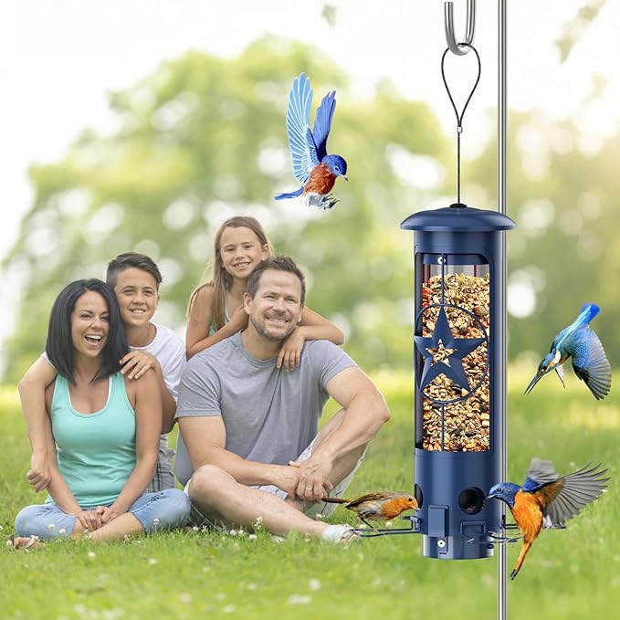 Squirrel Proof Bird Feeders for Outdoors Hanging, Metal Squirrel Proof Bird Feeder with Gravity Protection, 3LB Large Capacity Wild Bird Feeders for Outside Finch, Cardinal, Blue Jay (Blue)