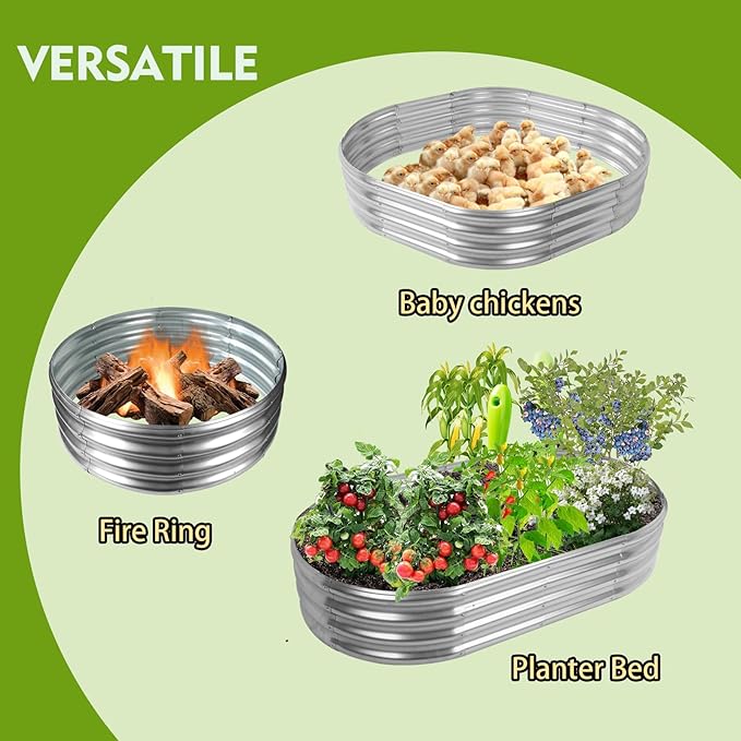 60X32X12 Inches Oval Galvanized Metal Garden Raised Bed/Plant Box for Planting,32 Inches Diameter Iron Fire Pit Ring,Small Animal Fence-3 in 1 Modular Design in Silver (5X2.7X1 FT, Oval)