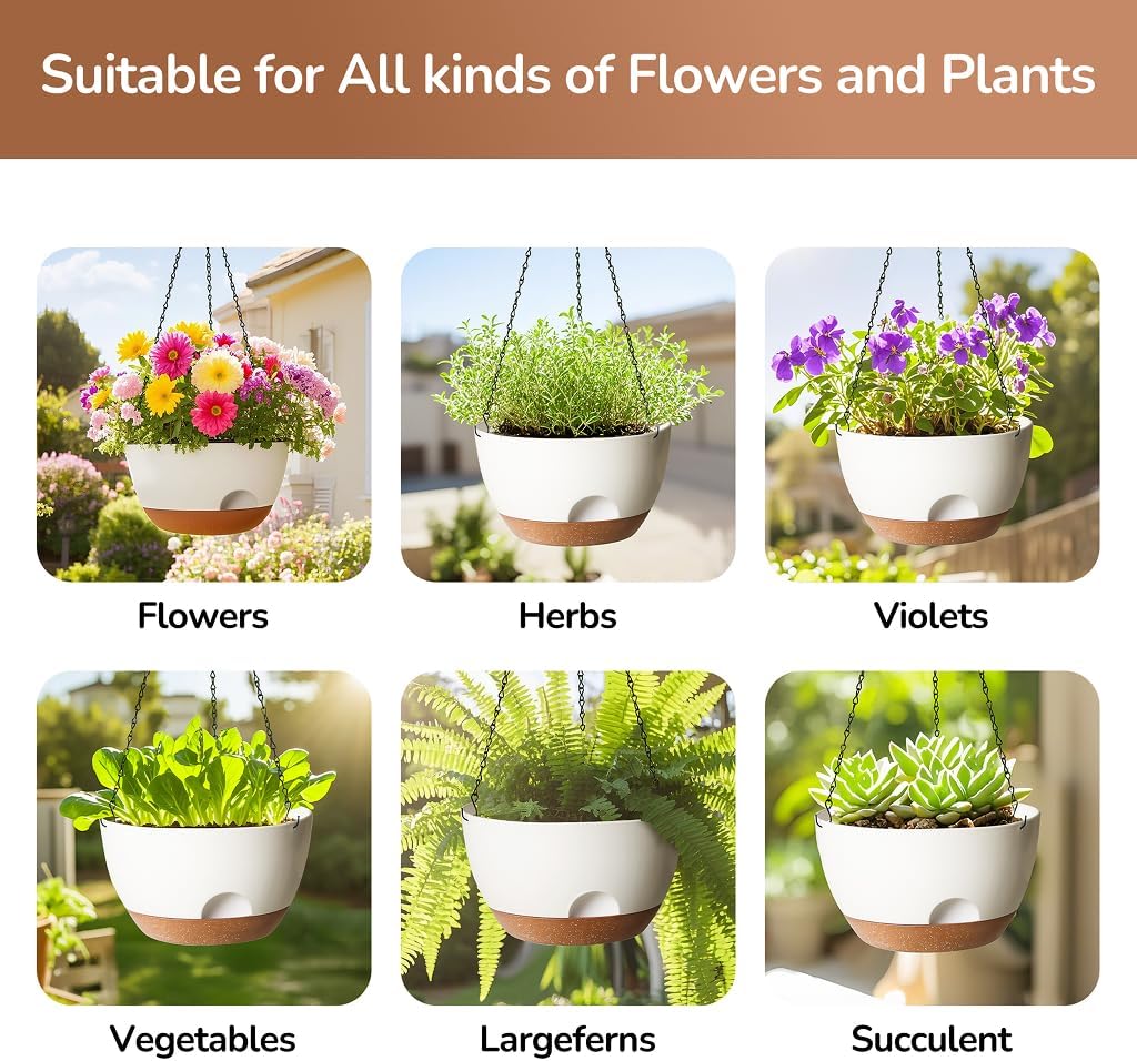 Hanging Planter for Indoor Plants, 10 Inch Self-Watering Hanging Planters with Drainage Holes and Chain, Set of 2 Outdoor Hanging Pots for Garden Home