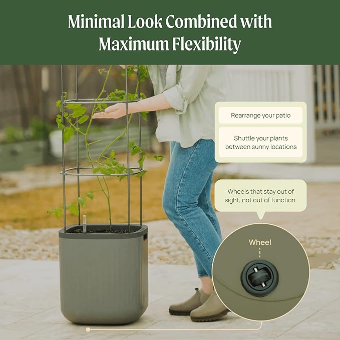 Vego garden Planters for Outdoor & Indoor Plants, Large Plant Pots with Self Watering, 15" Tall Large Plant Pots with Trellis for Flowers Plants Decor, Fog Gray