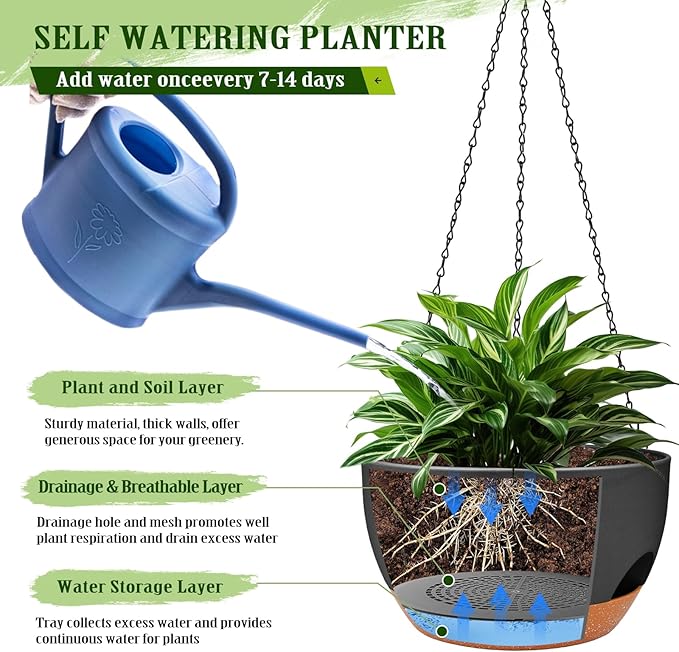 Hanging Planters for Outdoor Indoor Plants, 2 Pack 12 Inch Hanging Basket Plants Outdoor, Self Watering Hanging Planter with Plant Hanger for Garden Home Decoration (Black)