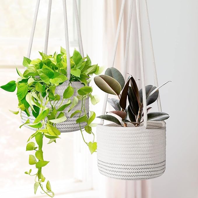 Flexzion Hanging Plant Basket Boho Cotton Rope Basket Indoor Hanging Planter, Up to 7" Flower Pot, Macrame Woven Modern Plant Holder, Storage Bin Organizer, Home Decor with 20" Hanging Rope, White
