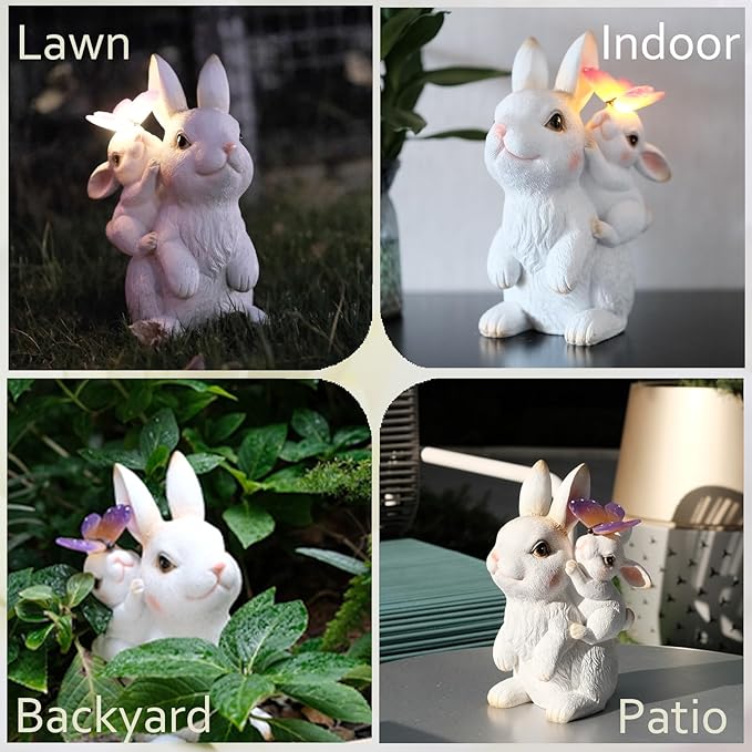 Garden Outdoor Statues Rabbit with Solar Lights,Mother&Baby Bunny Figurine with Solar Butterfly Changing Lights for Yard Art Garden&Patio Decor,Unique Thanksgiving&Birthday Gifts for Women Mom Grandma