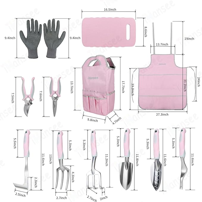 Pink Garden Tool Sets 12 Pieces, iHansee Aluminum Gardening Hand Tools with Non-Slip Handle, Kneeling Pad, Apron, Gloves and Organizer Bag, Landscaping Tools - Gift for Women & Garden Enthusiasts