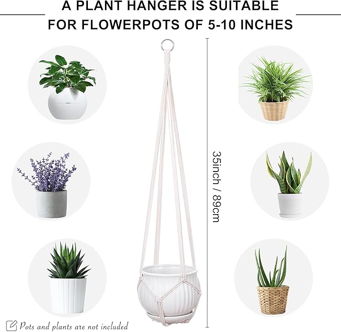 YIBOT 2 Pack 35" Macrame Plant Hanger Indoor Hanging Planter for Plants Holder with 2 Hooks,No Tassels for Indoor Outdoor Boho Home Decor, Ivory (POTS NOT Included)