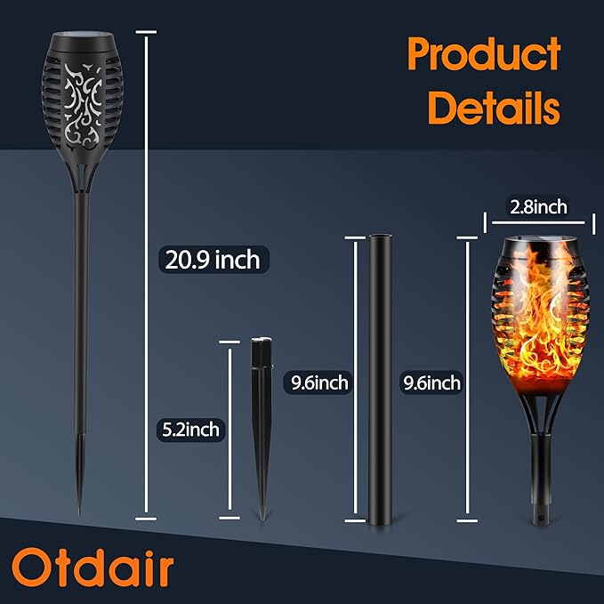 Otdair Solar Outdoor Lights, 12 Pack 12LED Solar Tiki Torches with Flickering Flame, IP65 Waterproof Mini Solar Torch Lights Auto On/Off for Garden, Patio, Yard, Pathway