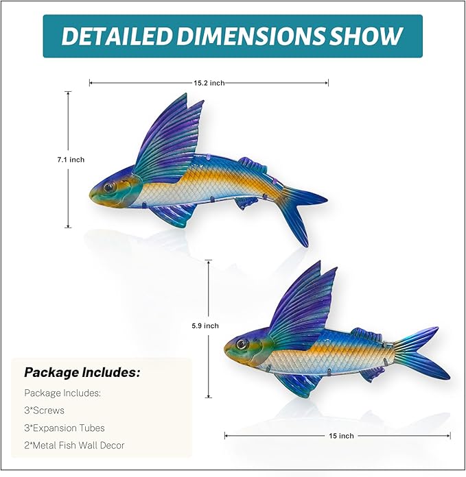 LIFFY Metal Fish Wall Decor -Outdoor Metal Fish Wall Decor - Indoor Art Sculpture - Hanging Decorations for Home, Garden, Bedroom, Sculptures, Ocean, Pool(Flying Fish Set 2,15 inch)