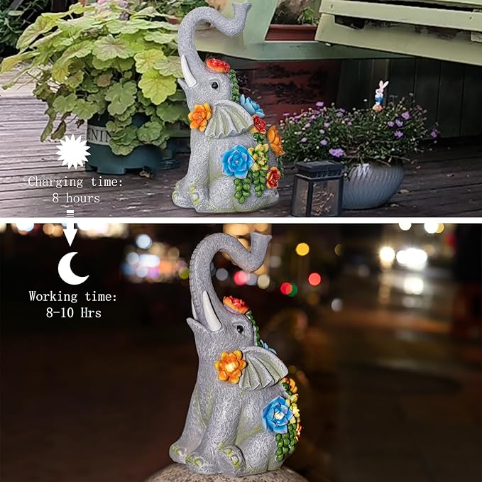 Elephant Garden Statue Solar Lamp with 8 Led Lights Decor Outdoor Resin Waterproof Sculpture Patio Lawn Yard Porch Decorations Housewarming Gifts for Women Mom Grandma