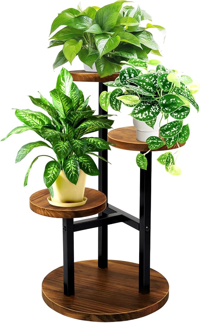 GEEBOBO 3 Tier Plant Stand Indoor, Metal Wood Plant Stands For Indoor Plants Multiple, Corner Tiered Flower Plants Shelf Stand for Living Room Bedroom, Brown