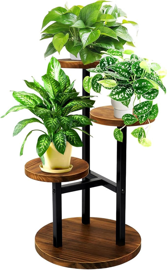 GEEBOBO 3 Tier Plant Stand Indoor, Metal Wood Plant Stands For Indoor Plants Multiple, Corner Tiered Flower Plants Shelf Stand for Living Room Bedroom, Brown