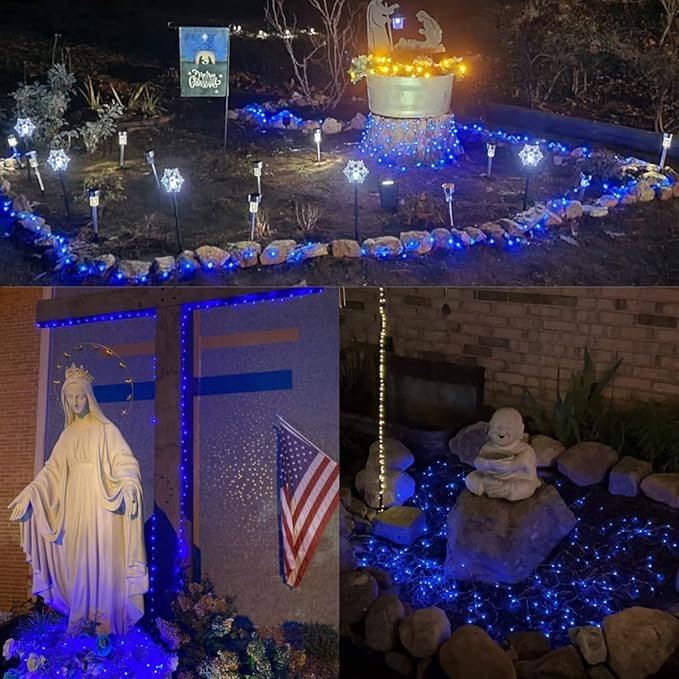 YEGUO 4 Pack Blue Solar Fairy Lights Outdoor Waterproof, Each 100 LED 33ft String Lights, 8 Modes Twinkle Lights