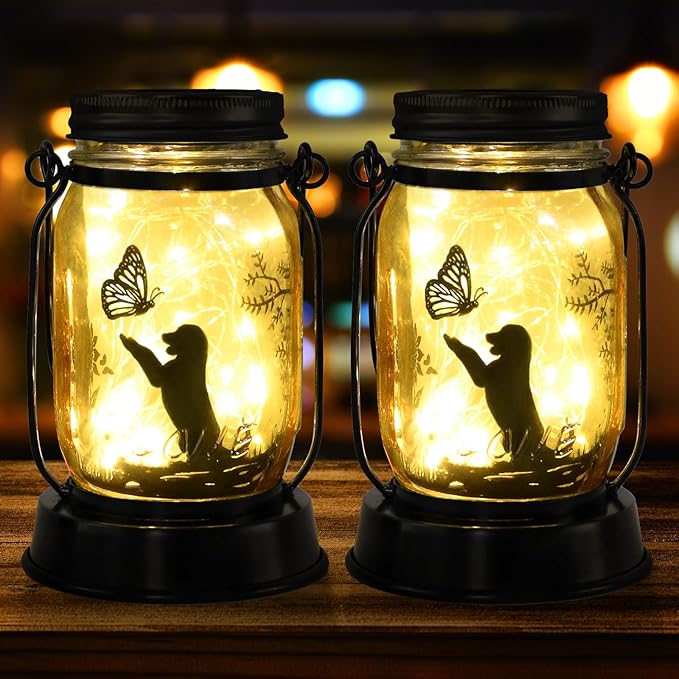 Kyoryuger Solar Dog Lantern 2PACK Dog Lover Gifts for Women Mom Grandma Unique Dog Mom Gifts Christmas Gifts for Dog Lovers Decorative Dog Memory Lanterns for Yard Lawn Patio Landscape Garden Decor
