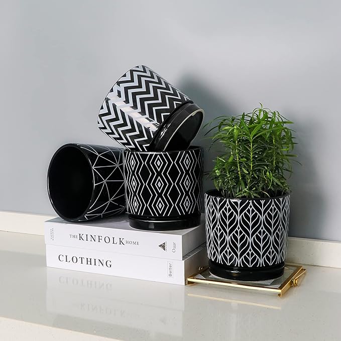 Ton Sin Flower Pots,5.5 Inch Black Ceramic Planter with Drainage Hole,Indoor Cylinder Plant Pots with Saucer,Cactus Succulent Outdoor Garden Pots Set of 4