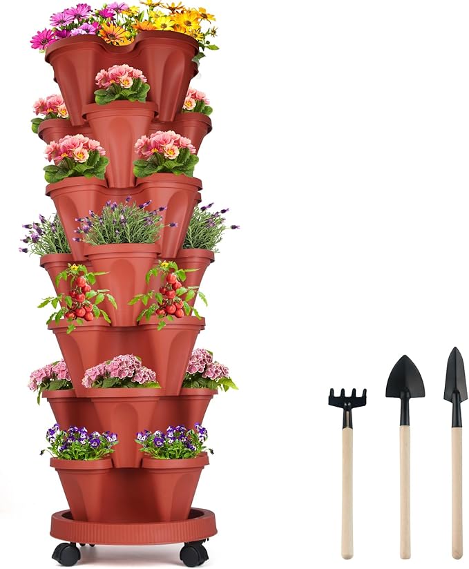 DUNCHATY Stackable Planters 7 Tier Vertical Garden Planting Tower Planters Strawberry, Herb, Flower, and Vegetable Planter Indoor Outdoor Gardening Pots with Removable Wheels and Tools