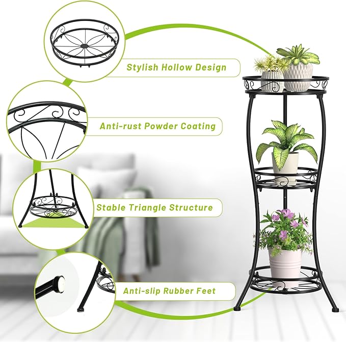 KMOTASUO 3 Tier Tall Metal Plant Stand, 33 Inch Plant Stands Indoor Outdoor, Rustproof Iron Flower Pot Holder Display Rack for Corner Patio Garden Balcony Living Room(Black)
