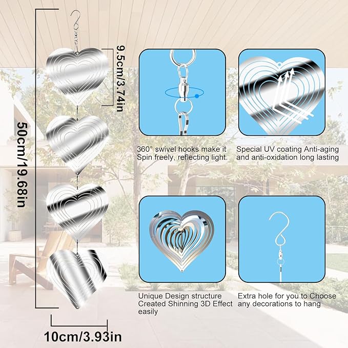 12 Metal Heart Bird Scarer Discs Set, Wind Spinners 3D Helix Reflector Stainless Steel Sparkly Outdoor Garden Decor, Scare Birds & Animals Away from Garden Yard Patio Lawn Farm Wind Sculpture Gifts