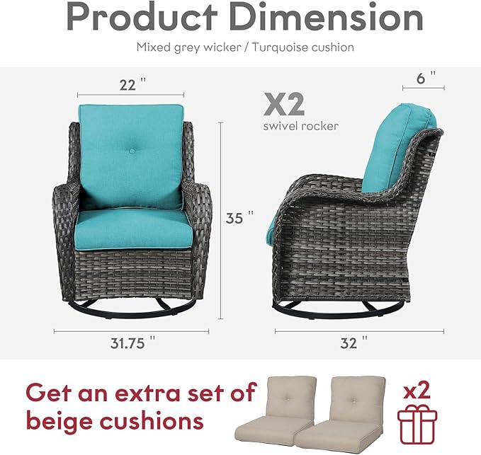 Outdoor Swivel Rcoker Wicker Chairs - Swivel Patio Chairs Set of 2 Patio Furniture Sets with Covered Cushion for Porch Deck Balcony Backyard, Turquoise Cushion