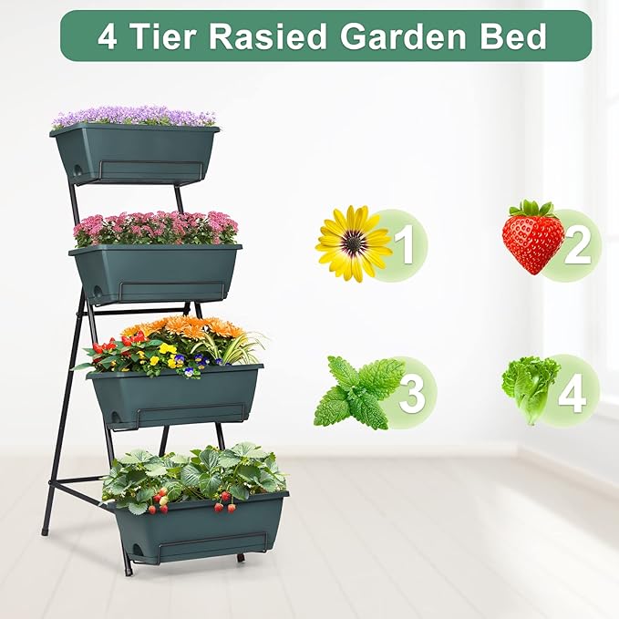 Tuenort Vertical Raised Garden Bed 4 Tiers Planter Box Freestanding Garden Planter with 4 Container Boxes for Growing Vegetables Herbs Flowers on Patio Balcony Green