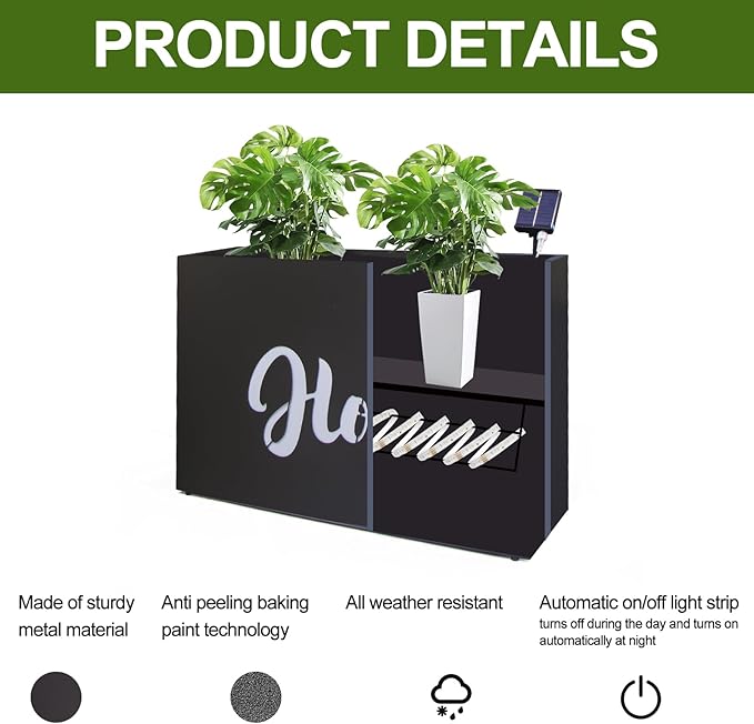 Metal LED Planter Box Rectangular Block - Galvanized Steel Long Planters Box with Solar Light Outdoor All-Weather Use with Drainage Holes for Cafe Bar Mall Patio/Porch/Entrance, 35.5×24×12IN（Home）