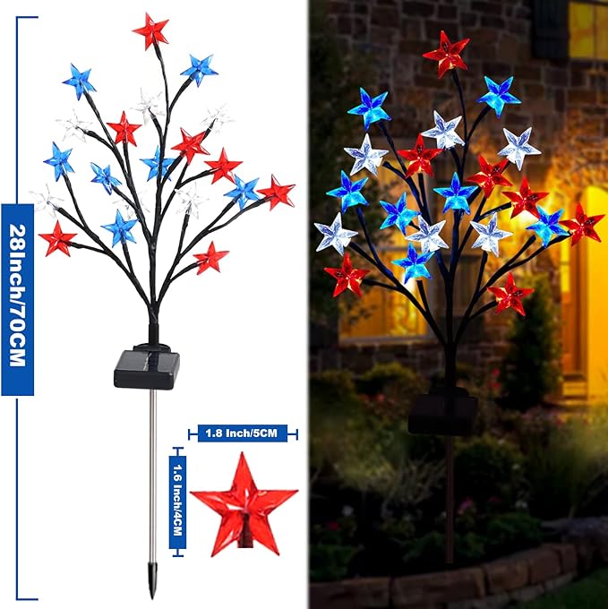 2 Packs Solar 4th of July Decorations Outdoor Lights, Solar Red White and Blue Star Pathway Lights, Waterproof Outdoor Patriotic Decorations Lights for July 4th Memorial Day Garden Yard Pathway Grave