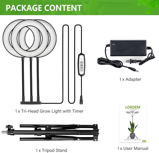 LORDEM Grow Light for Indoor Plants, Tri-Head Plant Light for Plants Growing, Full Spectrum Growth Lamp with Auto Timer for 4/8/12H, 4 Dimmable Levels, 216 LEDs, Height Adjustable Stand 24.4"- 67"