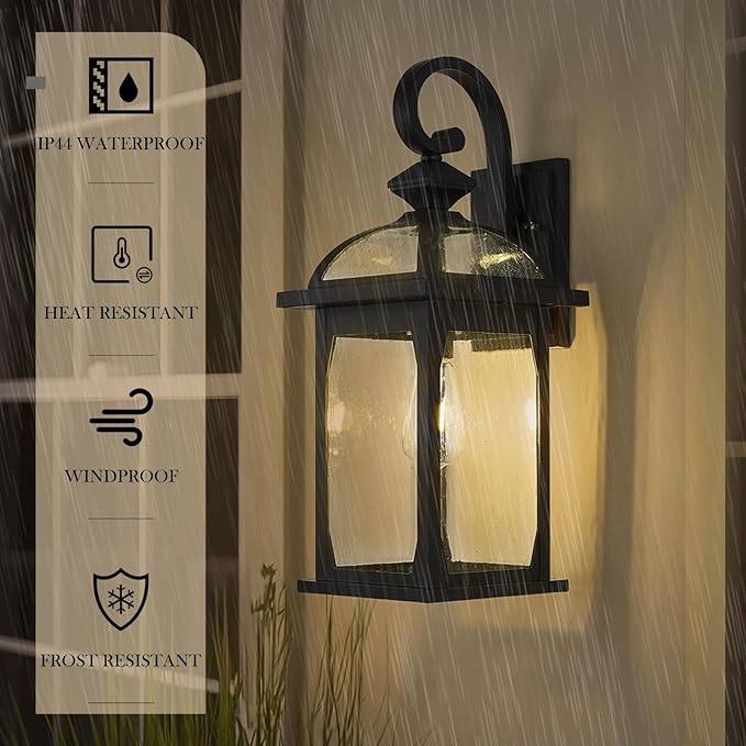 zeyu 22 Inch Outdoor Wall Light Sconce, Large Exterior Wall Light Fixture for House Porch, Die-Cast Aluminum with Seeded Glass, Black Finish, ZD100B-M BK