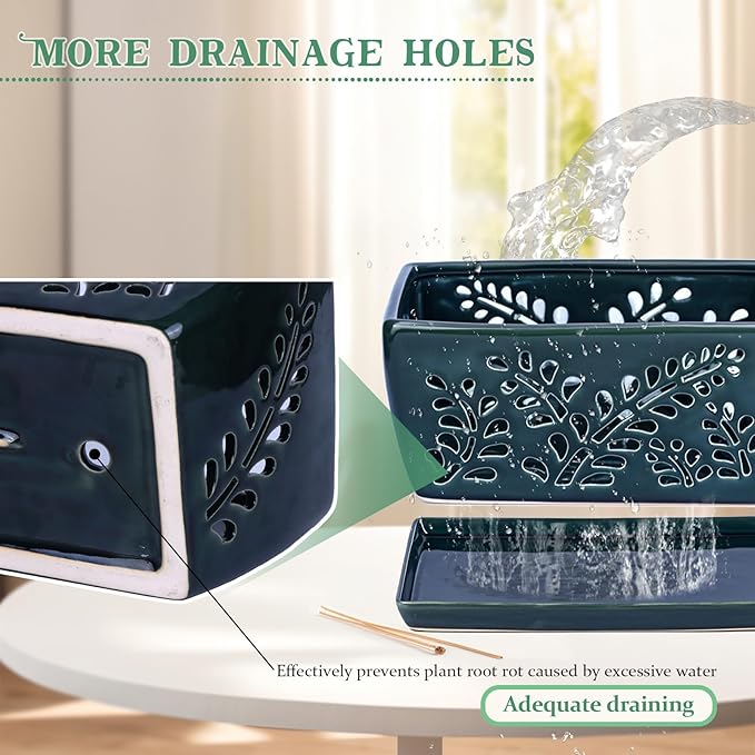 Ceramic Orchid Pot, 10 Inch Rectangular Orchid Pots with Holes, Premium Thickened Handmade Glazed Pot for Orchidaceae Plants, Indoor Outdoor Decorative Flower Pot for Easy Repotting