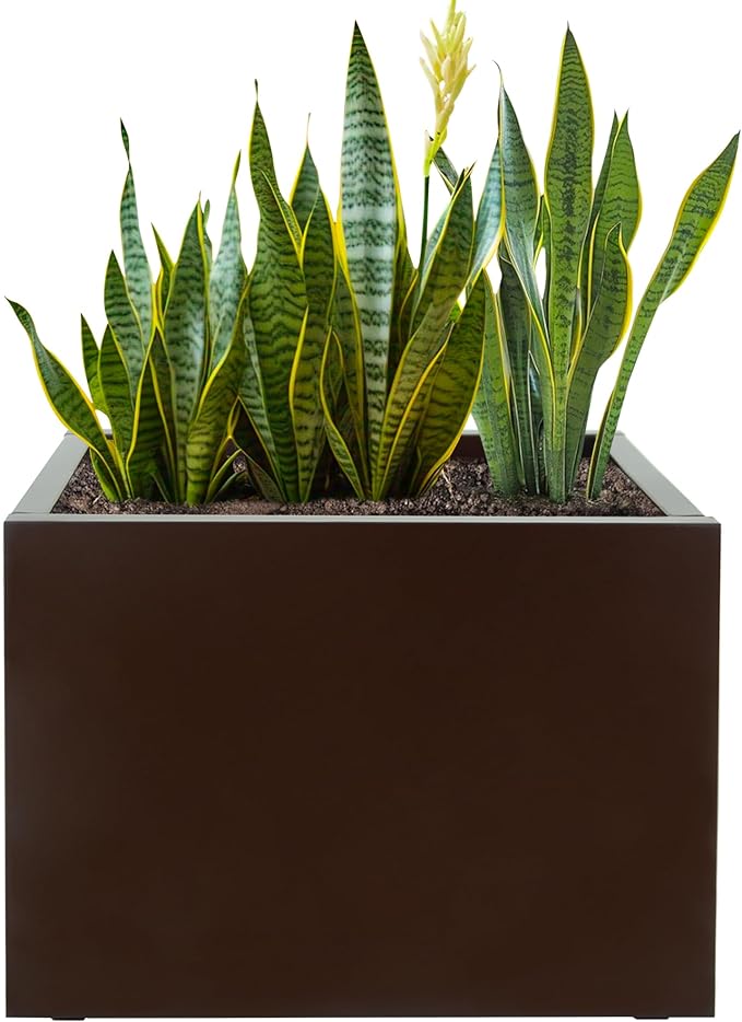 Galvanized Steel Rectangular Planter, 16"x 12"x 12" Small Planters for Outdoor Plants, Brown Outdoor Planter with Drainage Holes