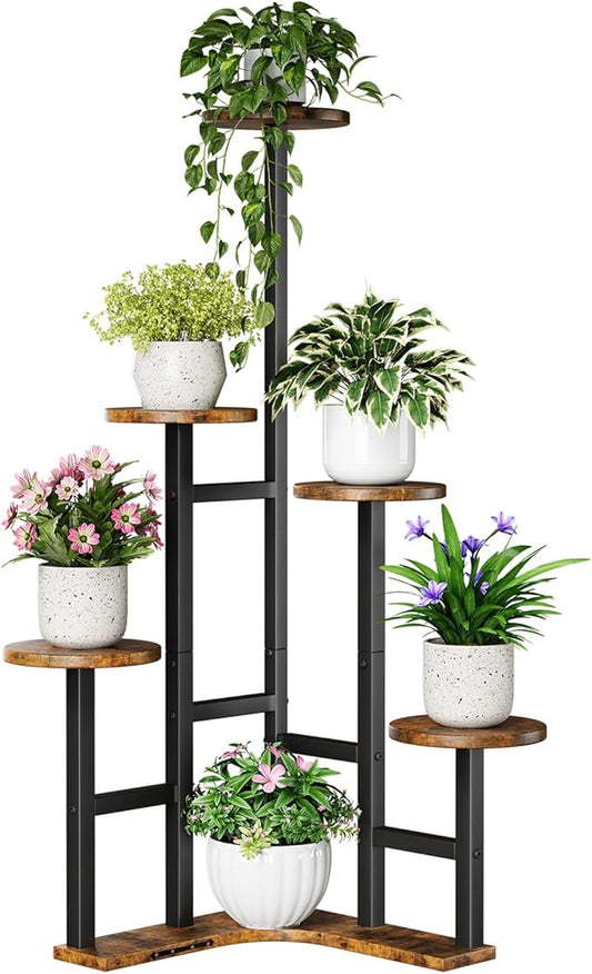 Corner Plant Stand Indoor, 6 Tier Corner Plant Shelf Flower Stand for Multiple Plants, Plant Shelves Organizer Rack for Living Room, Balcony, Patio, Garden, Round Rustic Brown