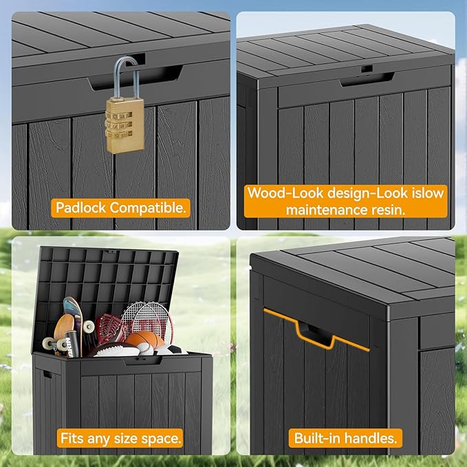 KAMABOKO Deck Box, 32 Gallon Resin Indoor and Outdoor Storage Boxes Waterproof for Garden Tools, Pool Accessories Storage Bench, Patio Furniture and Cushions with Lockable Lid, Black
