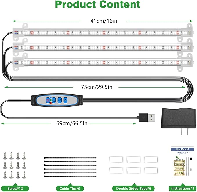 Wiaxulay LED Plant Grow Light Strips, 6000K White Grow Lights for Indoor Plants Full Spectrum, 3 Bars/16 in Grow Lamp with 6/12/16 Hrs Timer, 5 Brightness for Green House, Hydroponics, Seed Starting