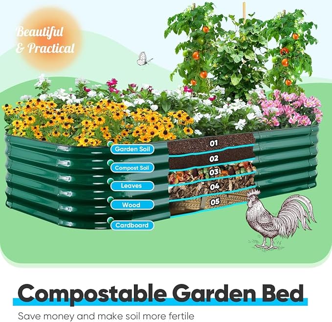 Quictent Galvanized Raised Garden Bed Kit, 8x4x1.5 ft Oval Metal Planter Box Tall for Vegetables Outdoor Backyard, Rubber Strip Edging Included (Dark Green)
