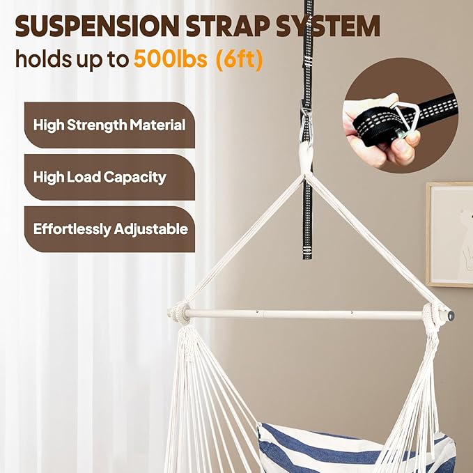 Chihee Hammock Chair Hanging Chair with Foot Rest 2 Cushions Max 500lbs Robust Metal Spreader Bar Collapsible Easy Storage Soft Cotton Swing Chair Strong Strap Iron Carabiner Side Pocket Included