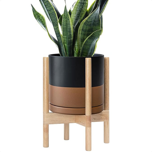 D'vine Dev Ceramic Planter with Natural Stand - 10 Inch Modern Round Flower Pot with Wood Planter Holder, Black/Speckled Tan, 55-B-K-7