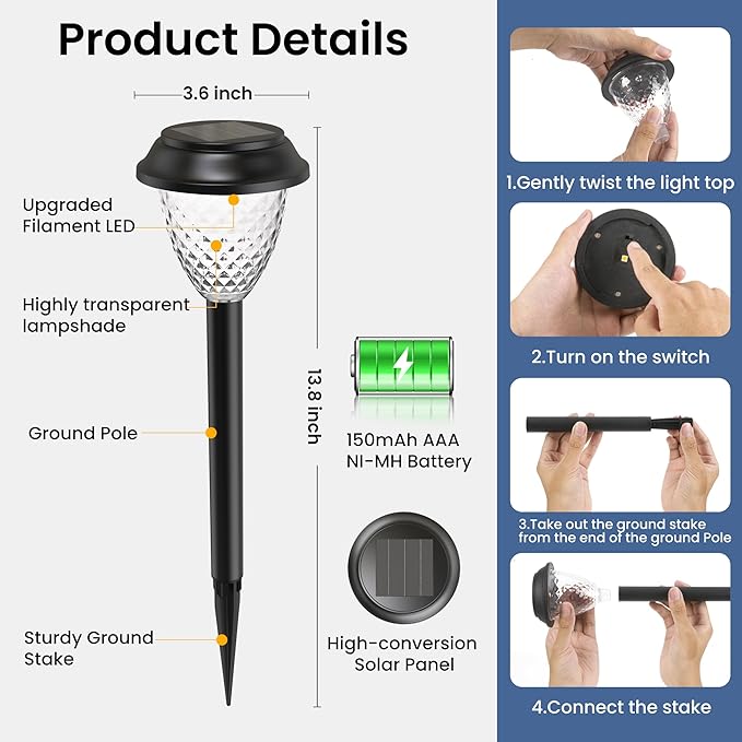 SOLPEX Solar Lights for Outside,12 Pack Solar Lights Outdoor Waterproof,Warm White Outdoor Solar Lights for Yard,Garden,Pathway,Patio and Landscape Lighting Decor