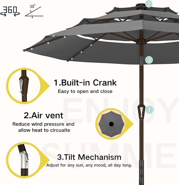Kingdura 10ft 3-Tier Patio Umbrella with Solar Lights, Table Umbrella Outdoor Patio with Easy Crank & Tilt, 8 Sturdy Ribs, UV Protection, 32 LED Lights for Deck, Poolside, Market (Grey)