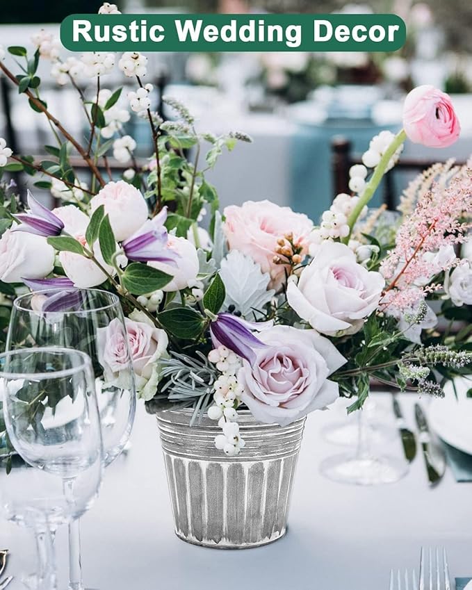 vensovo 7 Inches Silver Metal Rustic Flower Pots - 6 Pcs Medium Galvanized Planters with Drainage Hole and Rubber Plug, Rustproof Tin Bucket Plant Pot Farmhouse Vintage Style for Decor